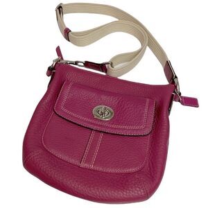 Coach Crossbody Pink Leather Bag With Cotton Woven Canvas Strap A27